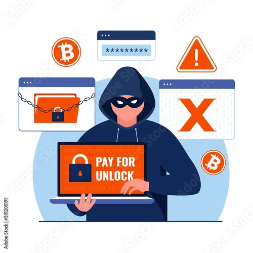 Ransomware with hacker attack illustration concept. Illustration for websites, landing pages, mobile applications, posters and banners. Trendy flat vector illustration
