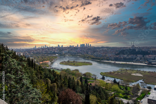 Panoramic view from the Pierre Loti Viewpoint in Istanbul. Golden Horn and Bosphorus. April 2022