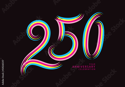 250 number design vector, graphic t shirt, 250 years anniversary celebration logotype colorful line, 250th birthday logo, Banner template, logo number elements for invitation card, poster, t-shirt.