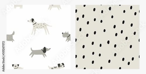 Cute Hand drawn dog - vector print in doodle style. Seamless pattern with pet