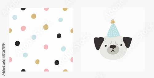 Cute Hand drawn dog - vector print in doodle style. Seamless pattern with pet. Cute Birthday cards - dog birthday party. 