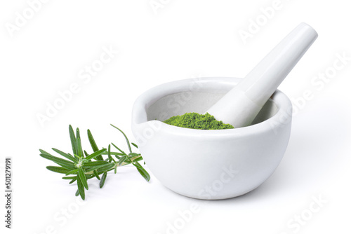 Fresh Rosemary plant with herbal powder in mortar isolated on white background.