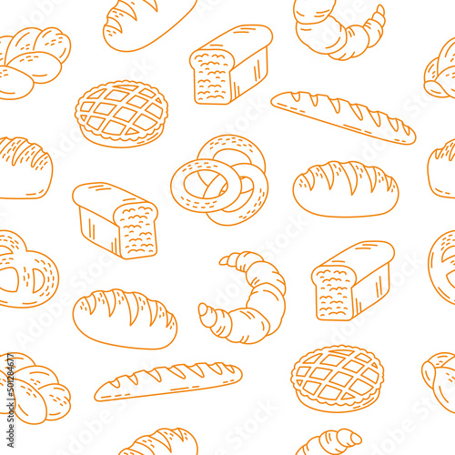 Bread bakery seamless pattern background. Vector line illustration.