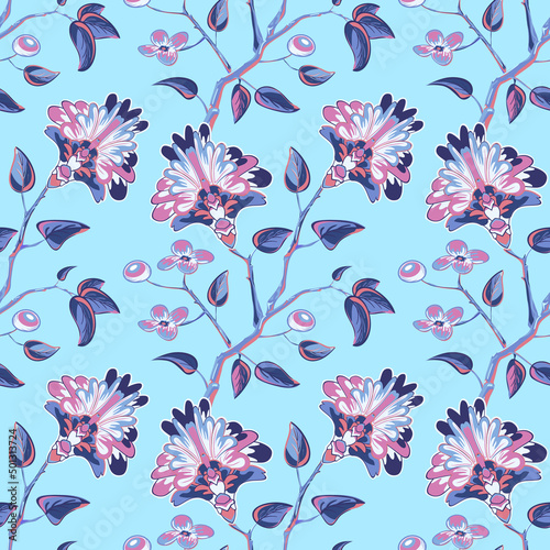 Jacobean embroidery floral seamless pattern. Fantasy baroque light blue print. Tender spring branches and pink flowers. Hand drawn oriental tiles. Vector laced decorative background. Floral textile.