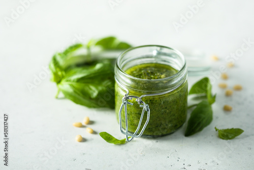 Traditional homemade pesto sauce, canned
