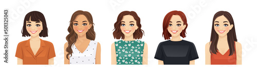 Portrait of casual women with different hairstyles and outfits isolated vector illustration
