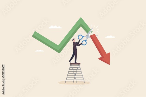 Cut loss concept. Stop losing assets from stock market volatility. stop loss Minimize losses for profit. Investor is stopping loss with the scissors.