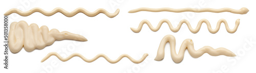 Mayonnaise sauce in the form of lines. Collection of wavy lines of mayonnaise sauce isolated on white background.