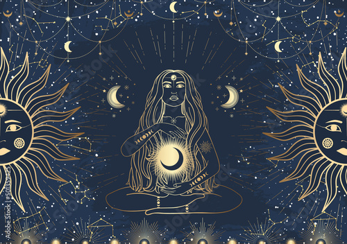 Hand drawn card of golden mystical woman with Sun, Moon, star in line art. Constellation celestial space. Spiritual abstract symbol, esoteric talisman. Magic space galaxy, vector sketch illustration