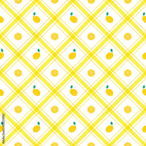 Cute Half Lemon leaf Fruit Vegetable Element Yellow Green Diagonal Stripe Striped Line Tilt Checkered Plaid Tartan Buffalo Scott Gingham Pattern Flat Cartoon Vector Seamless Pattern Print Background