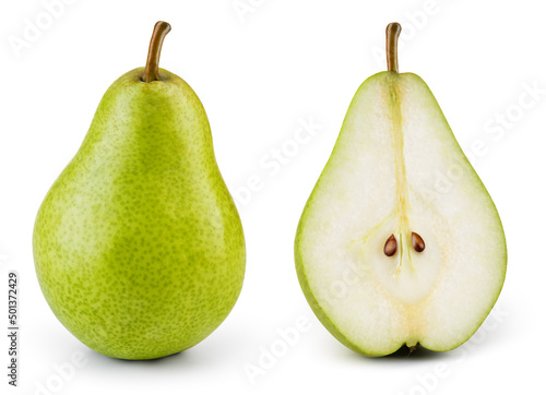 Pear isolated. One whole green pear and a half of fruit on white background. Pear slice. With clipping path. Full depth of field.