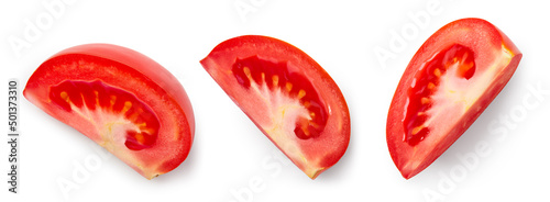 Tomato slice isolated. Tomato slices top view on white background. Set of tomato pieces with clipping path.