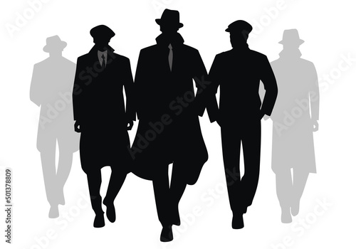 Group of men walking down the street wearing retro style clothes, isolated on white background