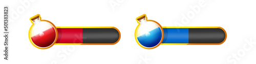 Elixir of health or mana. Icons for video games. Mana bar. Vector clipart. A bottle of red and blue potion. 