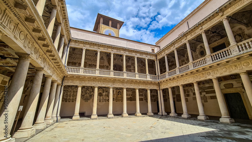 External view of the columns of Bo palace in the city center of Padua, Veneto, Italy, Europe. Bo Palace Palazzo del Bo building courtyard, historical seat of University of Padova. Cortile Nuovo