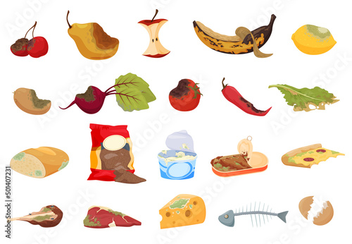 Set of vegetables fruits rotting products. Composting food. Perishable products. Vector illustration on a white background