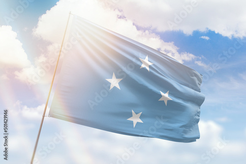 Sunny blue sky and a flagpole with the flag of micronesia