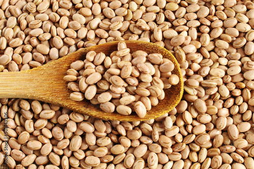 Brazilian beans. Pinto beans spoon on the grains background.