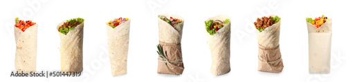 Set of tasty Mexican burritos on white background