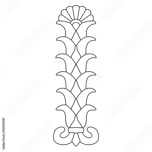 Persian Achaemenid floral motif. Stylized plant or cone. Black and white linear silhouette. Geometrical vertical palmette design.