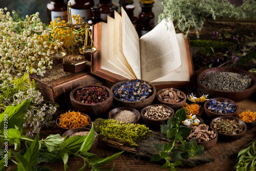 Herbal medicine on wooden desk background