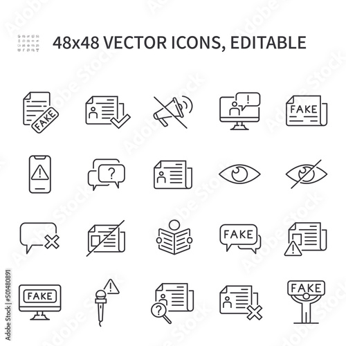 Simple vector line icons. On the topic of fake news, contain icons such as newspaper, fake news, news, fake, protest, fake documents, and more.