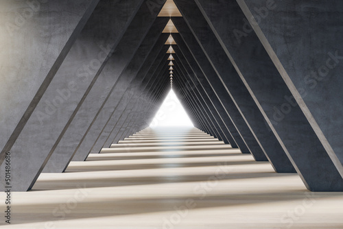 Modern architecture design of monumental tunnel background made from dark concrete slabs, bright triangle exit and light floor with shadows. 3D rendering