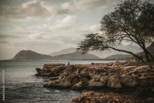 Rocky shore and hills