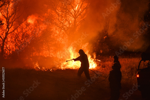 Bomberos trabajando durante un incendio forestal. Fuego y llamas amenazan el bosque, los arboles y el medio ambiente. Noche y llamas, riesgo y personal de emergencias. 