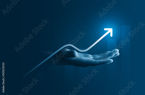 Hand growth arrow symbol business up background of success graph financial profit stock diagram or growing economy investment income target and goal increase achievement on development strategy chart.