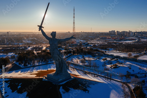 Statue Motherland calls in Mamayev Kurgan, Volgograd, Russia, aerial view