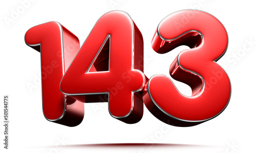 Rounded red number 143 on white background 3D illustration with clipping path.