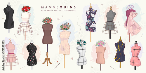 Set of hand drawn mannequins and flowers isolated on background. Fashion illustration