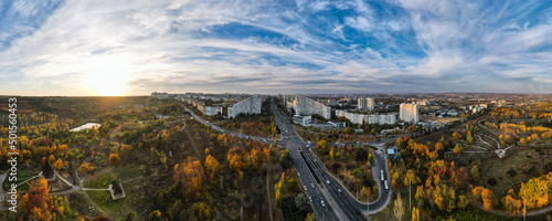 Panoramic view of the City Gates of Chisinau, capital of Moldova. Beautiful city of Chisinau with buildings and parks from a height. Drone photography.