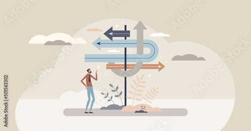 Business advice and expert consultation for direction tiny person concept. Company strategy guidance and help to solve development and future goal questions vector illustration. Job dilemma analysis.