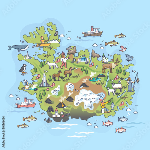 Iceland country borders map with typical icelandic elements outline map. Detailed topography items with animals, volcano, architecture and popular places on island vector illustration. Nature relief.