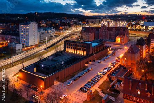 Aerial view of the beautiful main city with the Shakespearean theater in Gdansk at dusk, Poland