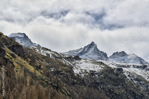 La Becca di Monciair, a sharp peak in the Gran Paradiso park, seen from Pont Valsavaranche