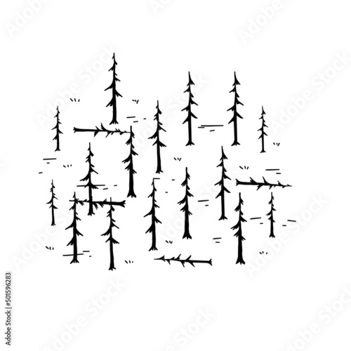 Pine forest. Silhouettes of old dead trees. Swamp area for retro maps.
