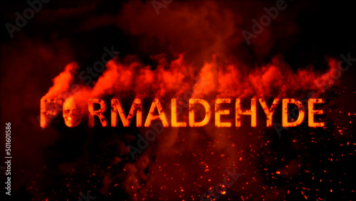 Text formaldehyde with scary human skull on burning bg - industrial 3D illustration