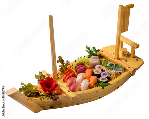 Japanese food mix including sushi and sashimi on wooden barge.