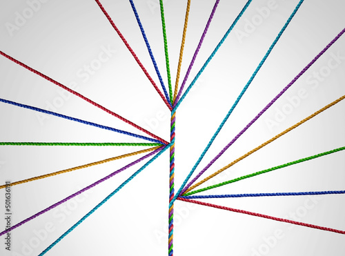 Branching out concept as a diverse rope splintering into other connected networks as a symbol for business or corporate expansion as ropes multiplying into groups.