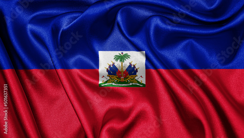 Close up realistic texture fabric textile silk satin flag of Haiti waving fluttering background. National symbol of the country. 1st of January, Happy Day concept