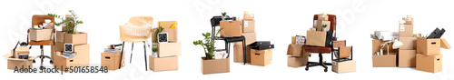 Cardboard boxes with office stuff and furniture on white background