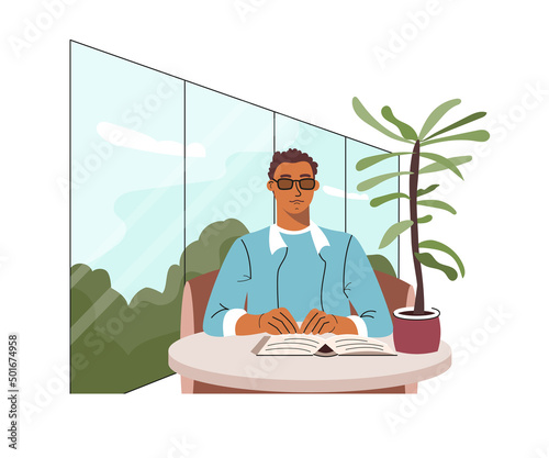 Blind african american man reading braille book with hands at home. Young visually impaired person in eyeglasses sitting at table. Colored flat vector illustration