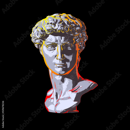 cartoon shading face head of michelangelo statue sculpture with psychedelic colorful sketch outlines with dramatic lighting and serious expression in yellow orange red colors