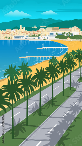 cannes city scenery Côte d'Azur, France, a famous tourist destination with beautiful beaches. On the Mediterranean. Illustration of famous CANNES, FRANCE in Gavroche with beautiful buildings, popular 