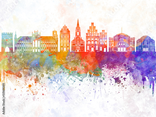 Torun skyline in watercolor background