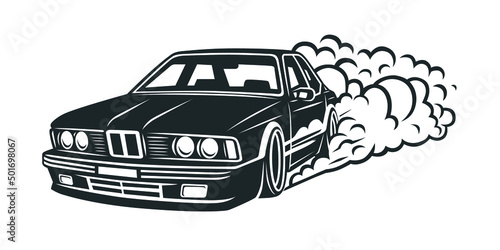 Smoky wheel. Illustration of a drift sports car.