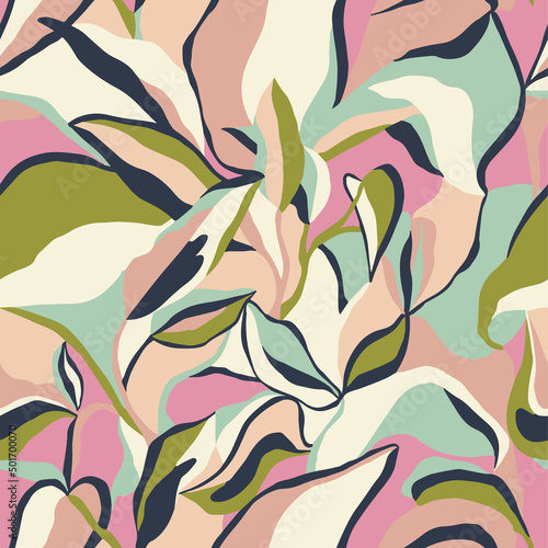 Vector abstract leaf and modern shapes drawing illustration seamless repeat pattern fashion and home decor print fabric digital artwork